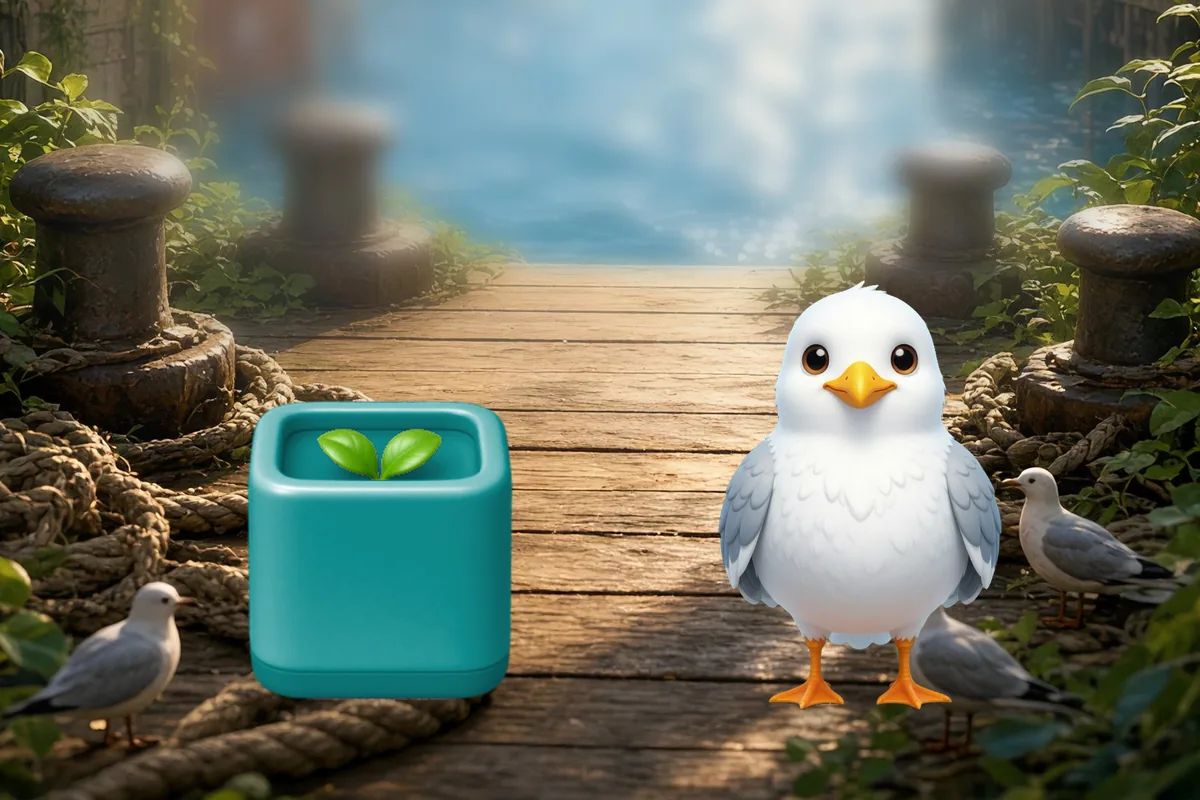 A gull and Tik at the harbor