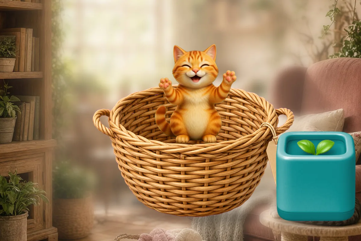 The cat in the basket while Tik reads the tag