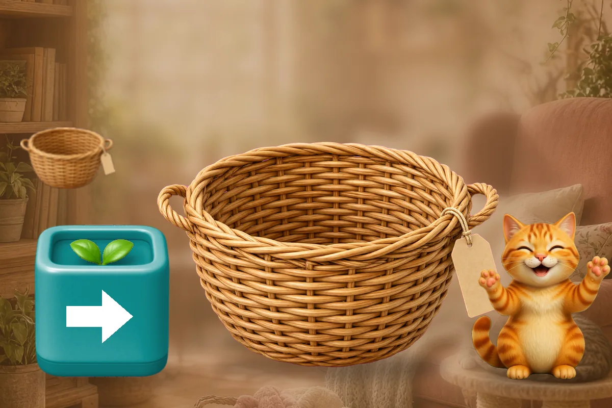 Tik with an arrow on its face pointing at the empty basket, the cat stretching beside it